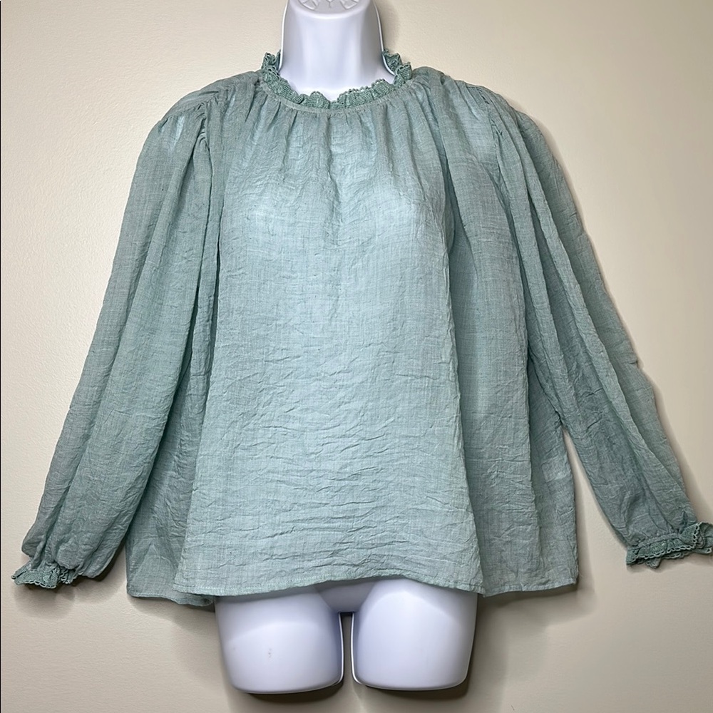 Promesa Elegant Light Mint Green High Neck Lace Trim Top Size Small NWOT
